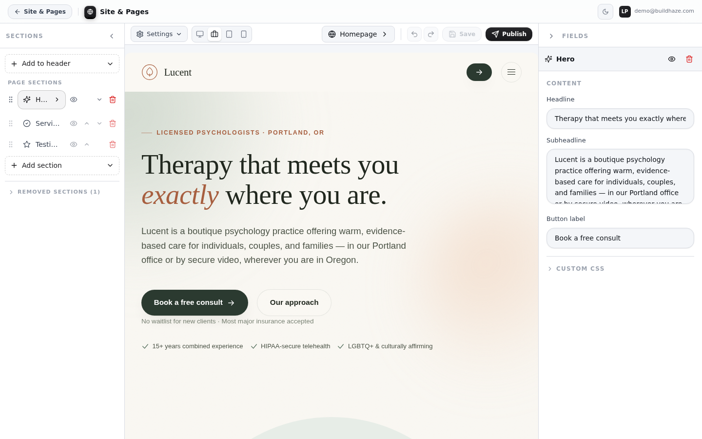 The site editor: the page's sections listed down the left, the live site rendered in the centre, and the selected section's fields — headline, subheadline, button label — open for editing on the right, with Save and Publish in the toolbar.