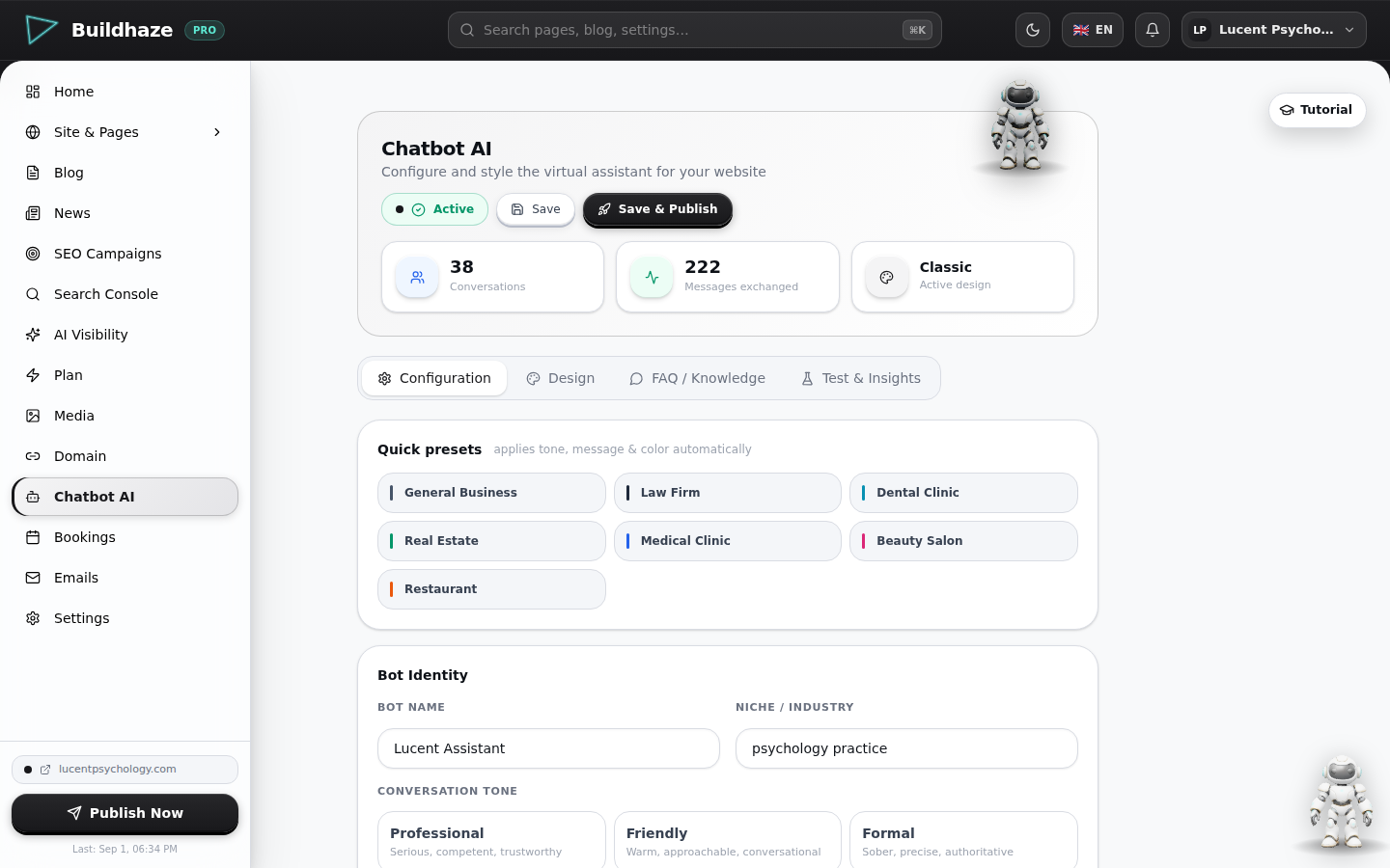 The chatbot settings screen: the assistant switched active, with its conversation and message counts, quick presets for different kinds of business, and the bot's name, industry and conversation tone set below.
